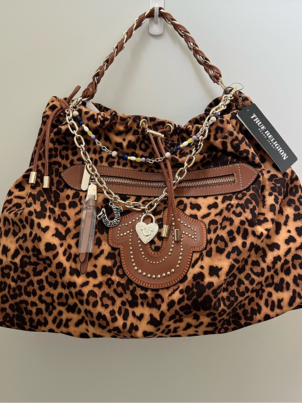 Y2K Style True Religion Leopard-Print Shoulder Bag with Gold Chain